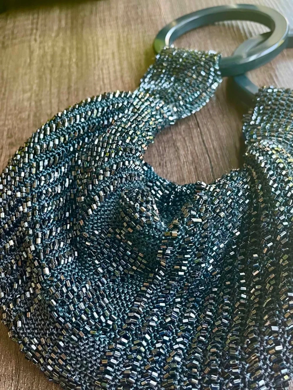 Ricki Designs Beaded Ring Handle Wristlet Bag Purse Blue/Black Sparkle Magnetic